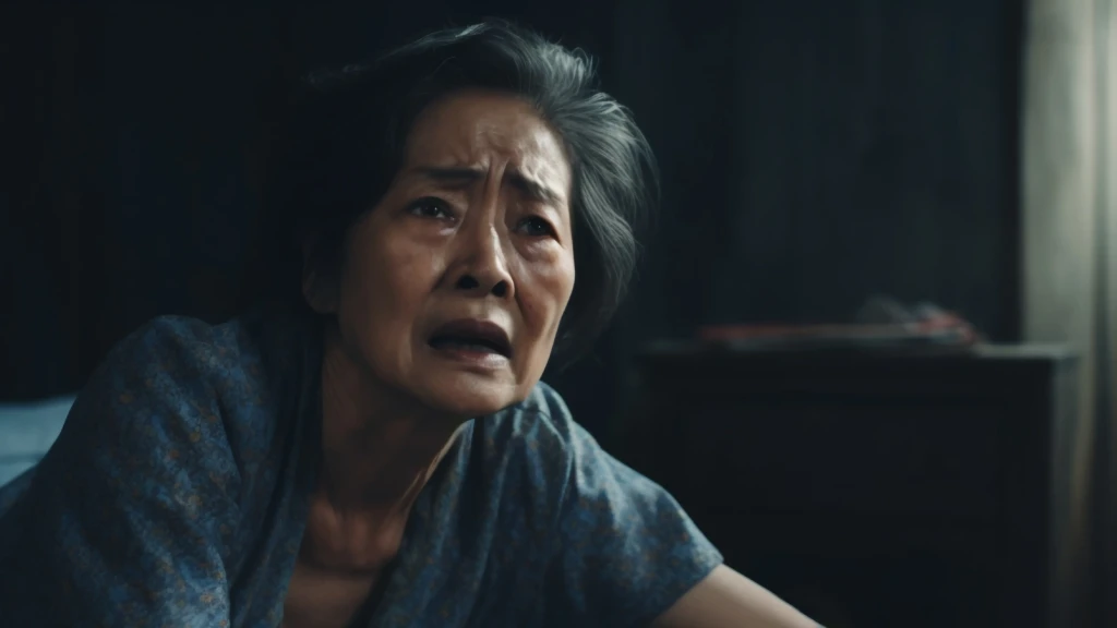 Elderly woman with a worried expression, wearing a blue shirt, sits in a dimly lit room. Her face conveys a sense of urgency and concern.