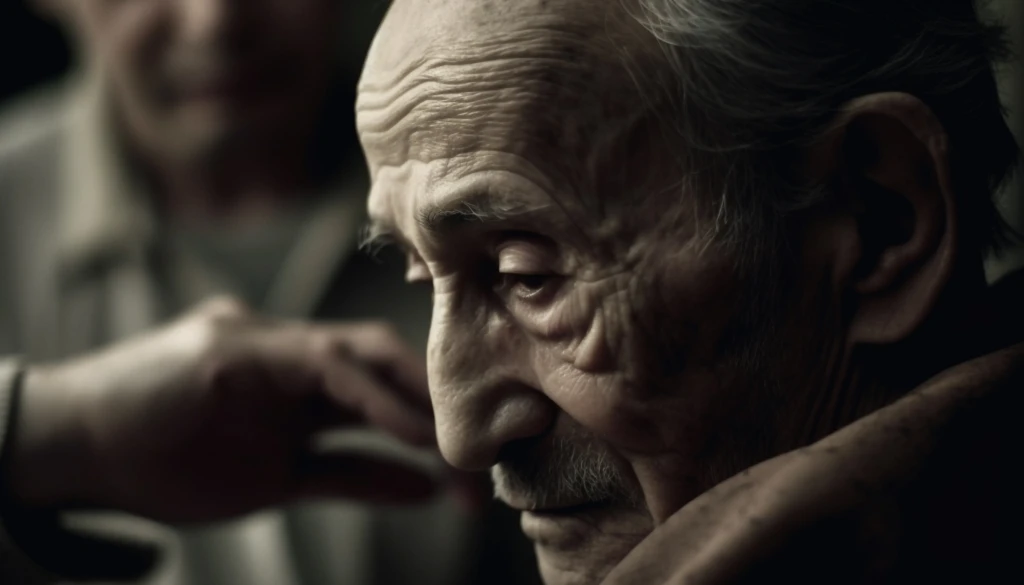 An elderly man with a deeply lined face looks contemplative. A hand gently rests on his shoulder, suggesting comfort and support. The mood is somber and reflective.